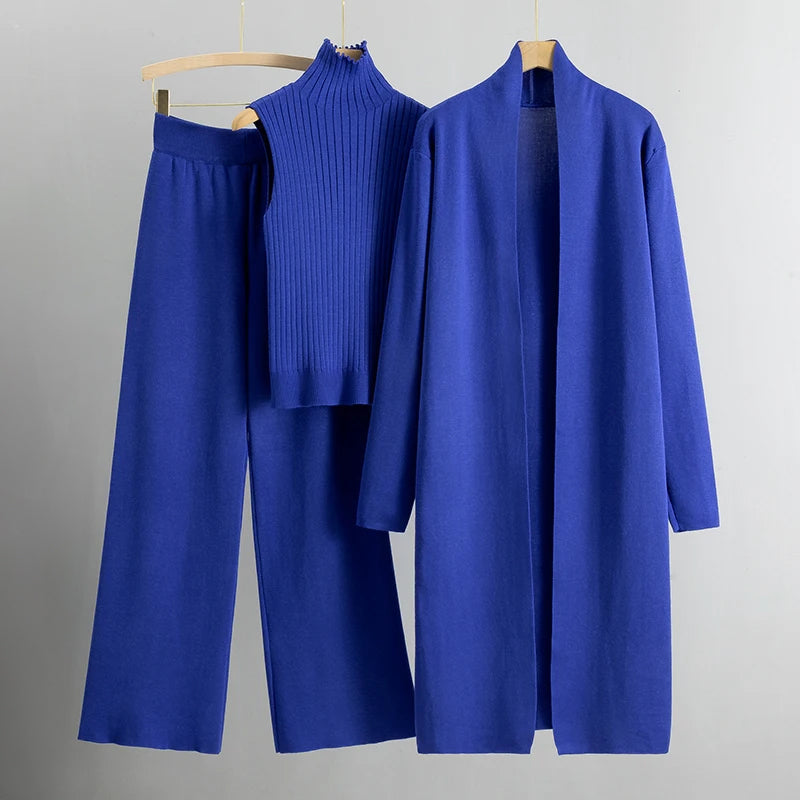 Street Wave Elegant Women Three Piece Coat Set With Long Open Coat Sleeveless Collar Top And Straight Pants