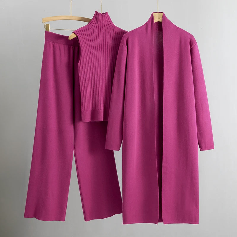 Street Wave Elegant Women Three Piece Coat Set With Long Open Coat Sleeveless Collar Top And Straight Pants