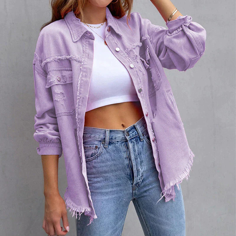 Street Wave Lavender Distressed Denim Jacket For Women Oversized Fit Frayed Hem Cozy Comfort