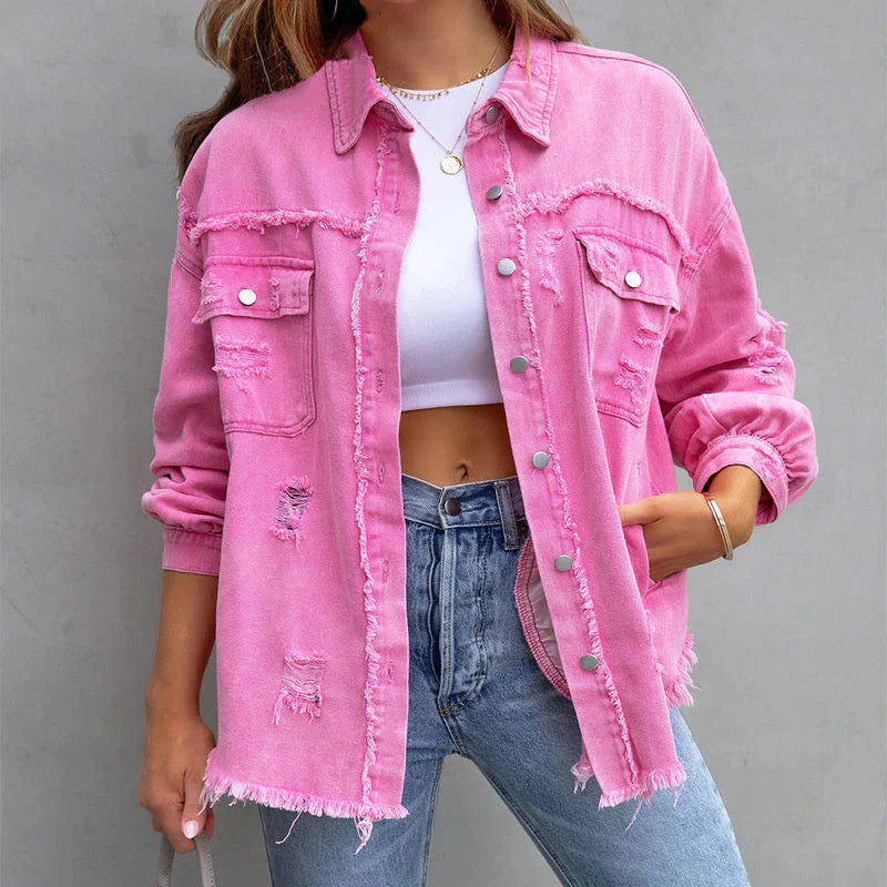 Street Wave Lavender Distressed Denim Jacket For Women Oversized Fit Frayed Hem Cozy Comfort