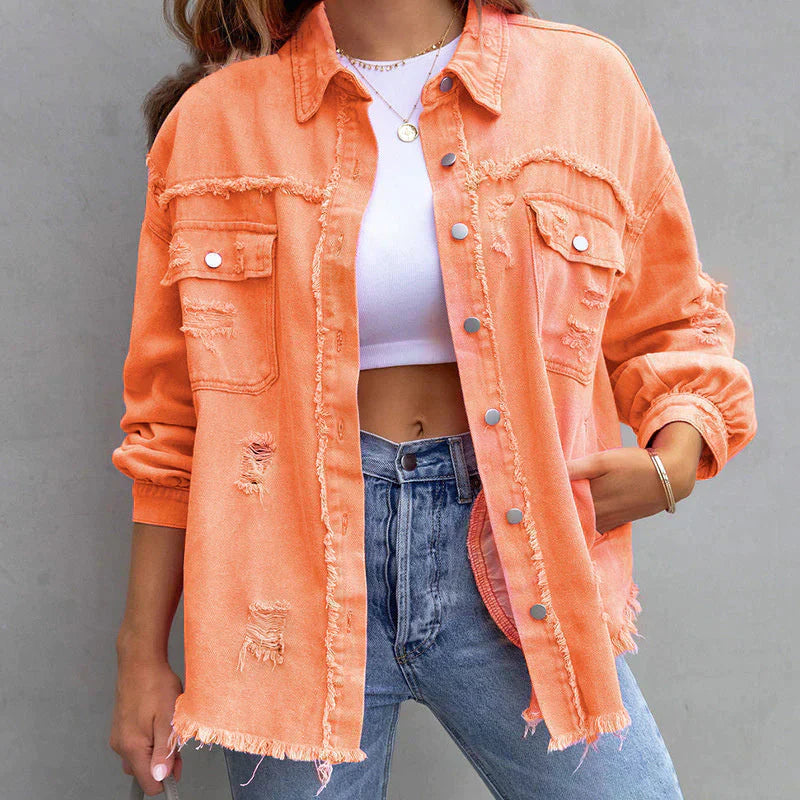 Street Wave Lavender Distressed Denim Jacket For Women Oversized Fit Frayed Hem Cozy Comfort