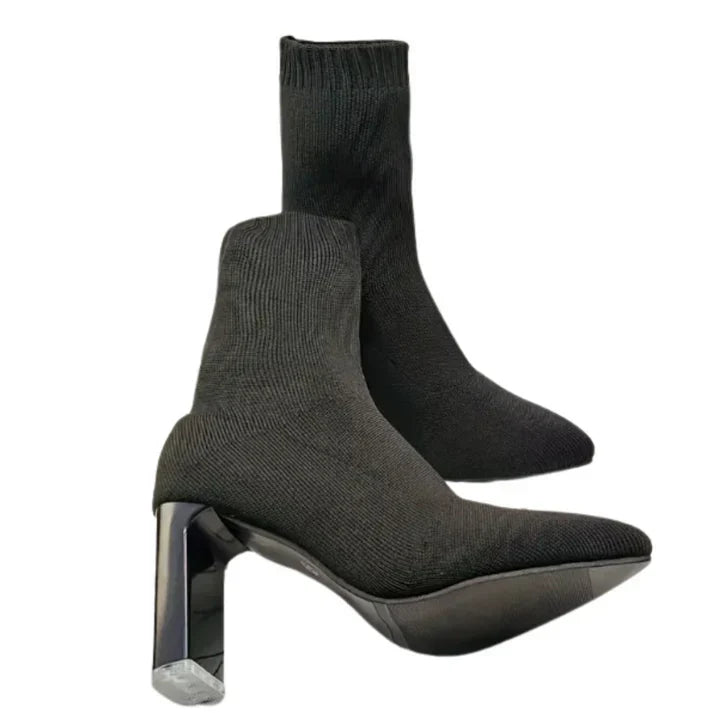 Street-Wave Britta Boots For Women Versatile Knit Sock Ankle Boots With Block Heel