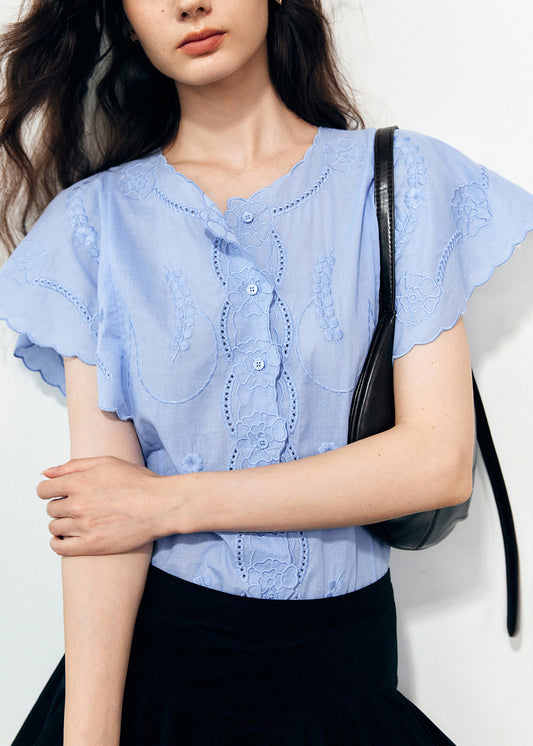 Chemises en coton bio bleu brodé à manches papillon - Street-Wave