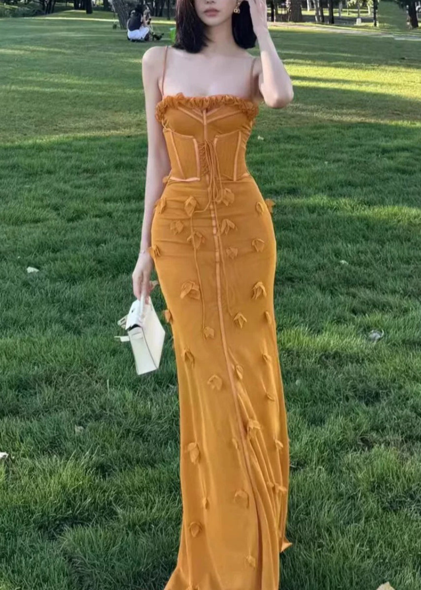 Robe longue en tulle bio jaune à volants et patchwork floral sans manches - Street-Wave