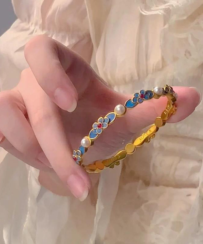Bracelet original en perles d'or bleu antique et floral - Street-Wave