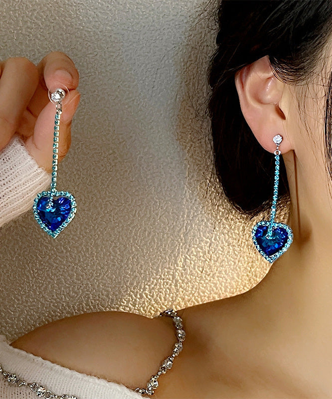 Boucles d'oreilles pendantes originales en argent sterling et zircon bleu avec motif floral Love - Street-Wave