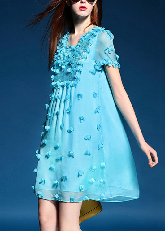 Robe d'été en mousseline de soie bleue à paillettes florales au design original - Street-Wave