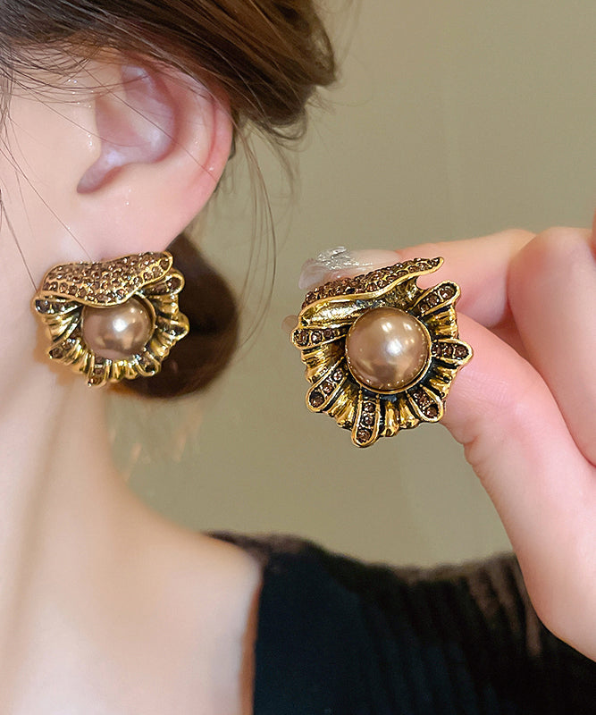 Boucles d'oreilles à tige en alliage de cuivre doré et perles de zircon au design original - Street-Wave
