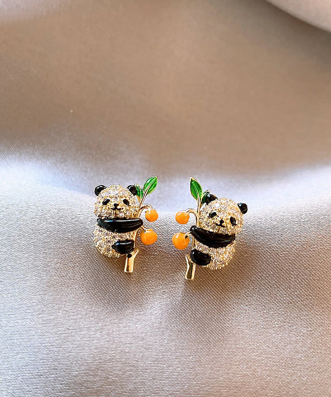 Boucles d'oreilles à tige en forme de panda kaki et zircon doré au design original - Street-Wave