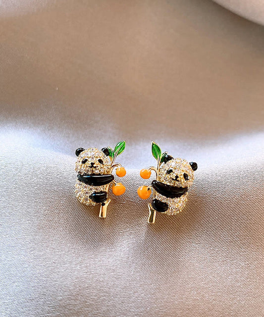 Boucles d'oreilles à tige en forme de panda kaki et zircon doré au design original - Street-Wave