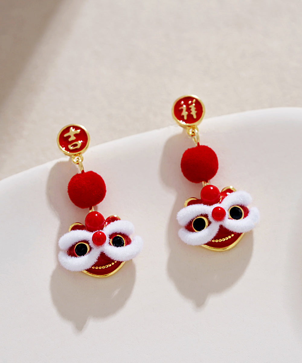 Boucles d'oreilles pendantes en velours de soie et cuivre rouge orange de conception originale Lion Dance - Street-Wave