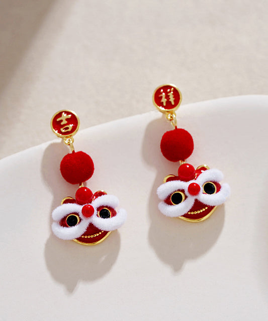 Boucles d'oreilles pendantes en velours de soie et cuivre rouge orange de conception originale Lion Dance - Street-Wave