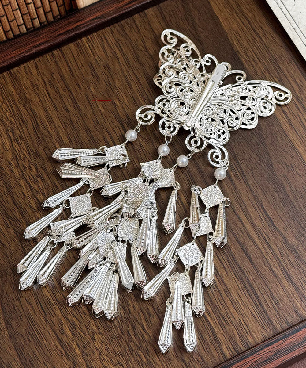 Épingle à cheveux papillon à pompon en soie, argent sterling et perle, design original - Street-Wave