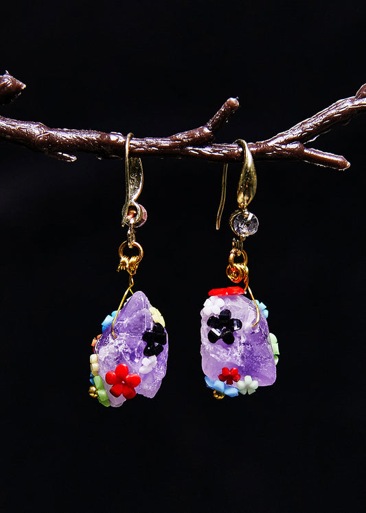 Boucles d'oreilles pendantes originales en Jade naturel violet, fleurs multicolores - Street-Wave
