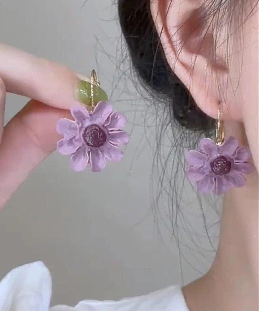 Boucles d'oreilles pendantes florales originales en cuivre violet surdoré - Street-Wave