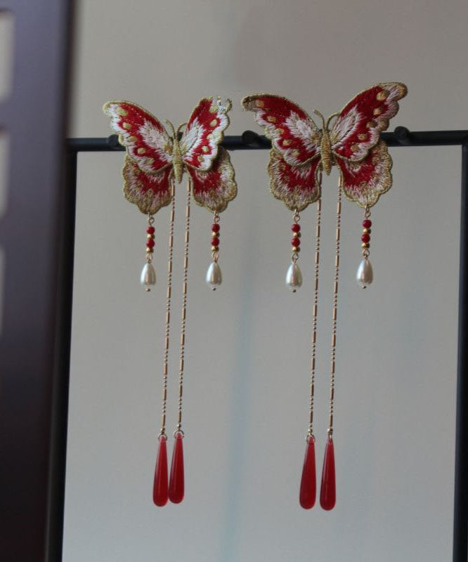 Épingle à cheveux originale en argent sterling rouge doré à broderie papillon et pompon - Street-Wave