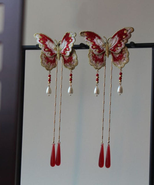 Épingle à cheveux originale en argent sterling rouge doré à broderie papillon et pompon - Street-Wave
