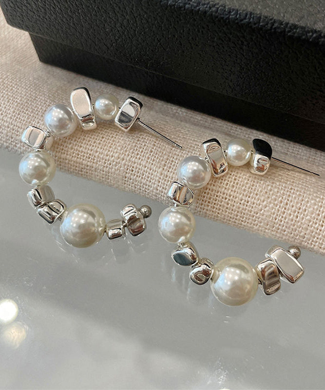 Boucles d'oreilles créoles originales en argent sterling avec perles blanches et argent brisé - Street-Wave
