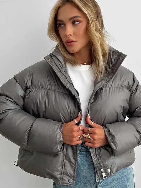 Street-wave Puffer Jacket Cropped Fit High Collar Windproof Warmth For Women Stylish Cozy