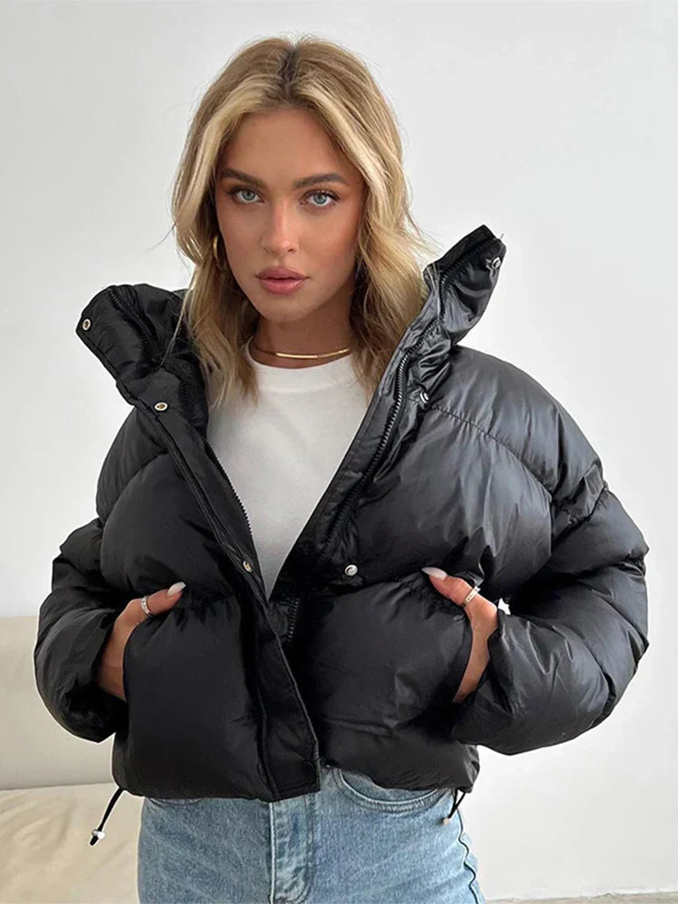 Street-wave Puffer Jacket Cropped Fit High Collar Windproof Warmth For Women Stylish Cozy