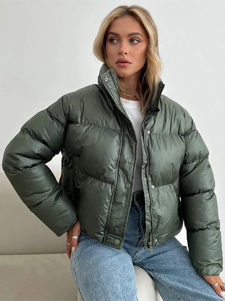 Street-wave Puffer Jacket Cropped Fit High Collar Windproof Warmth For Women Stylish Cozy