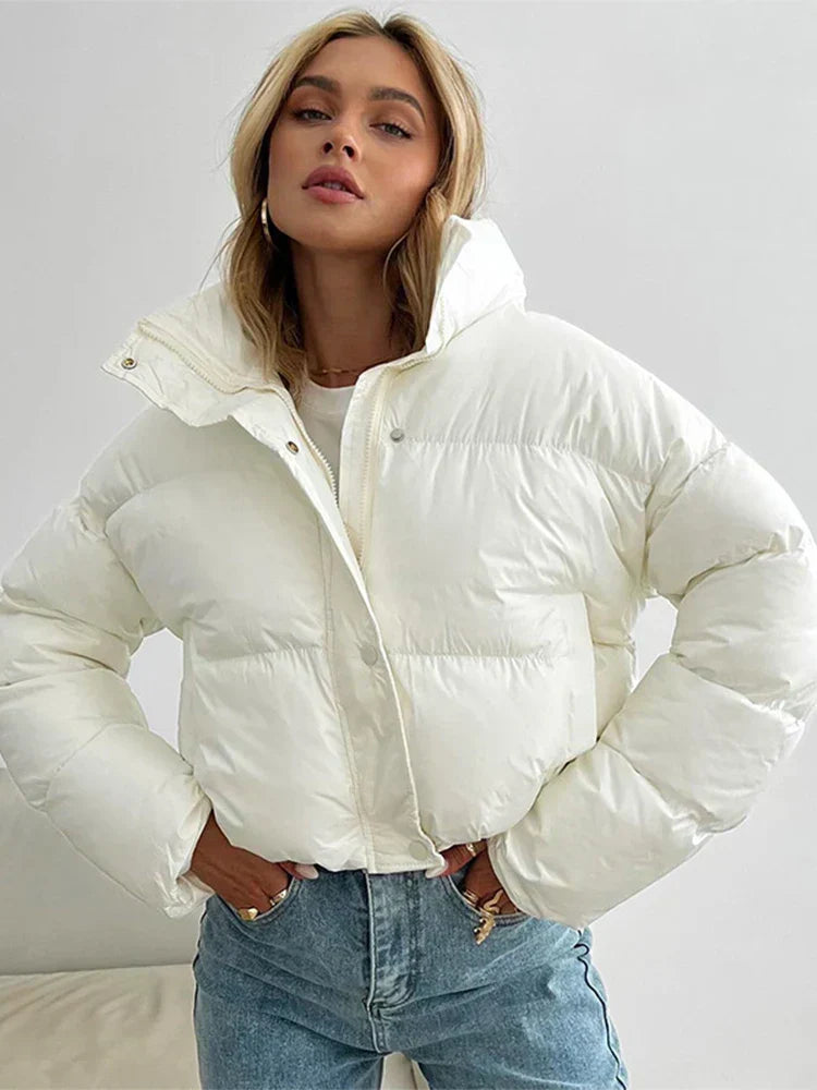 Street-wave Puffer Jacket Cropped Fit High Collar Windproof Warmth For Women Stylish Cozy