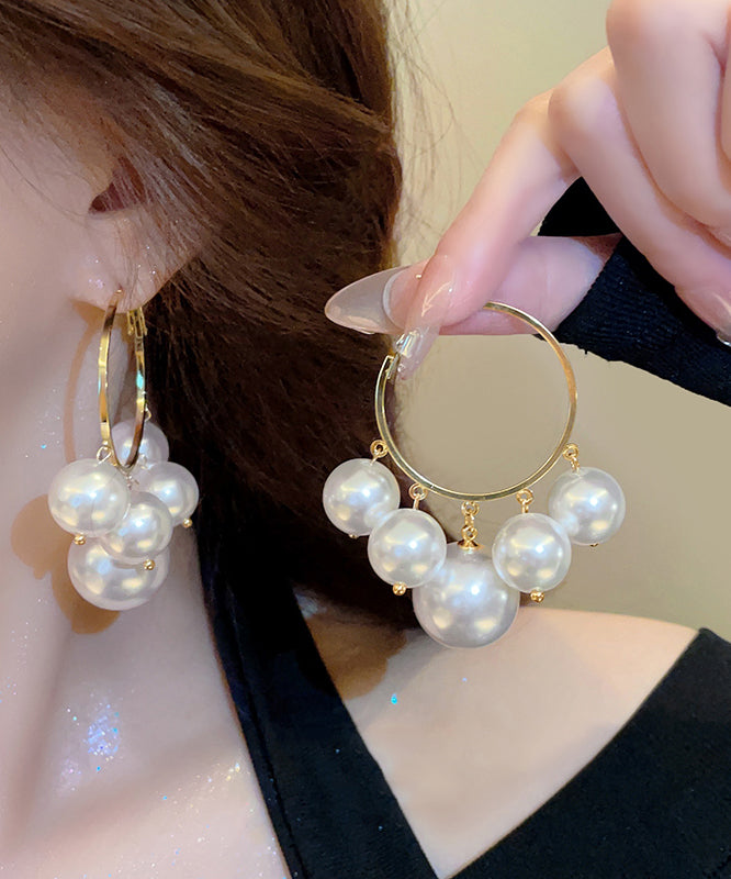 Boucles d'oreilles créoles surdimensionnées en alliage de métal blanc avec perles - Street-Wave