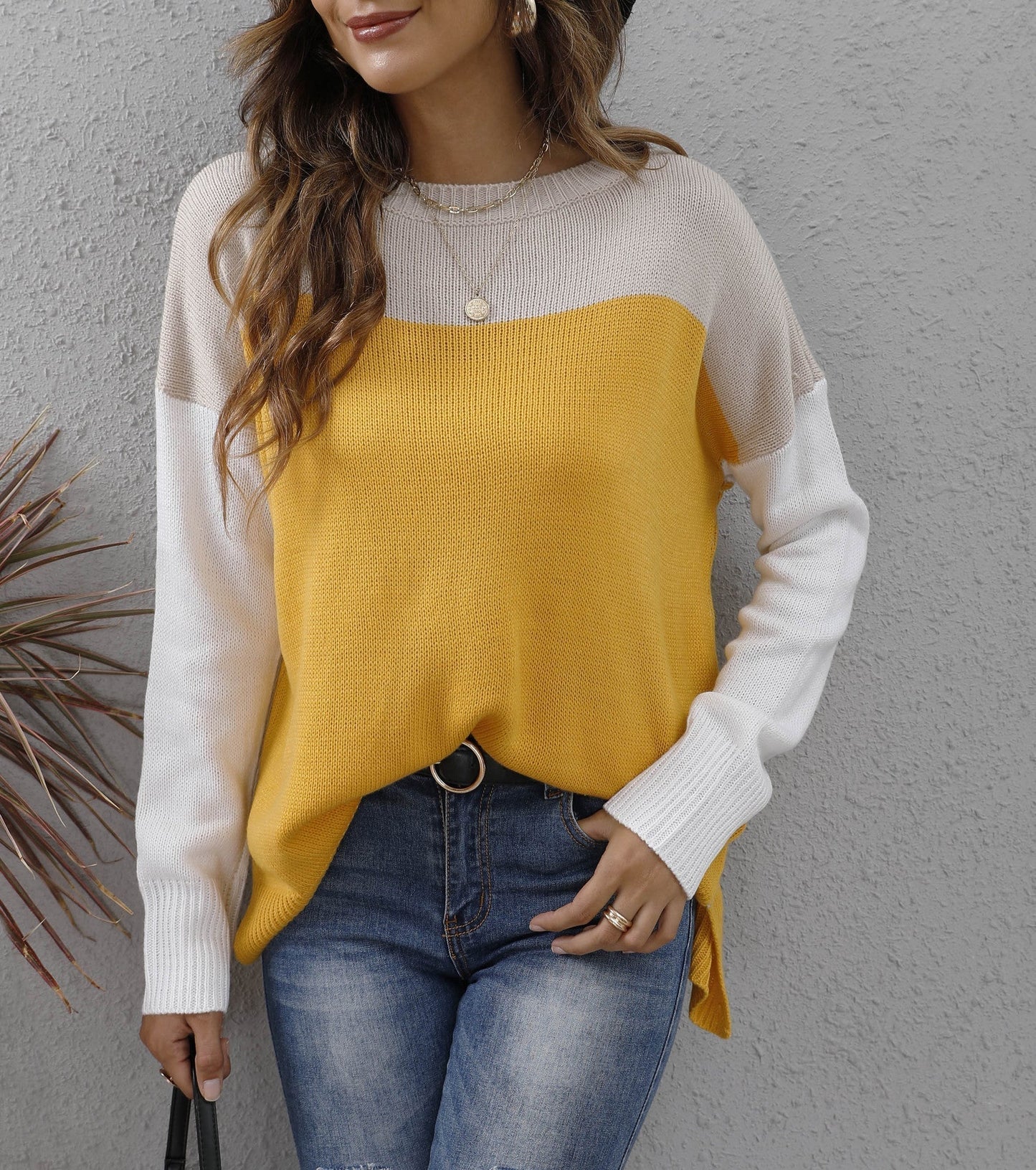 Street-wave Women Color Block Knit Sweater Crew Neck Loose Fit Casual Cozy Pullover