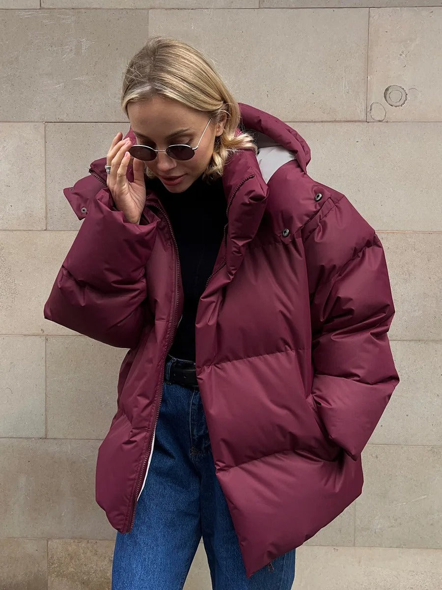Street-Wave Womens Hooded Down Jacket Short Puffer Warm Urban Winter Coat Lightweight Chic