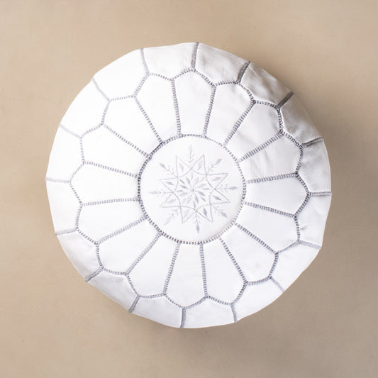 Authentic Moroccan Leather Pouf - White and Grey - Street-Wave