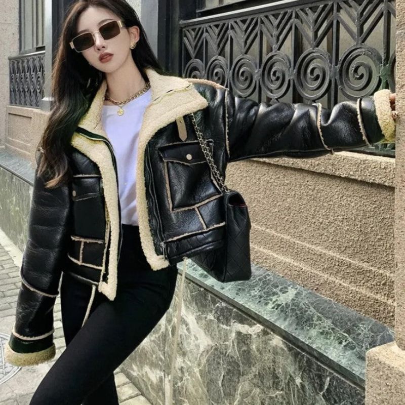 PU Leather Shearling Jacket For Women By Street-Wave Pien Chic Warm Plush Collar Winter Coat