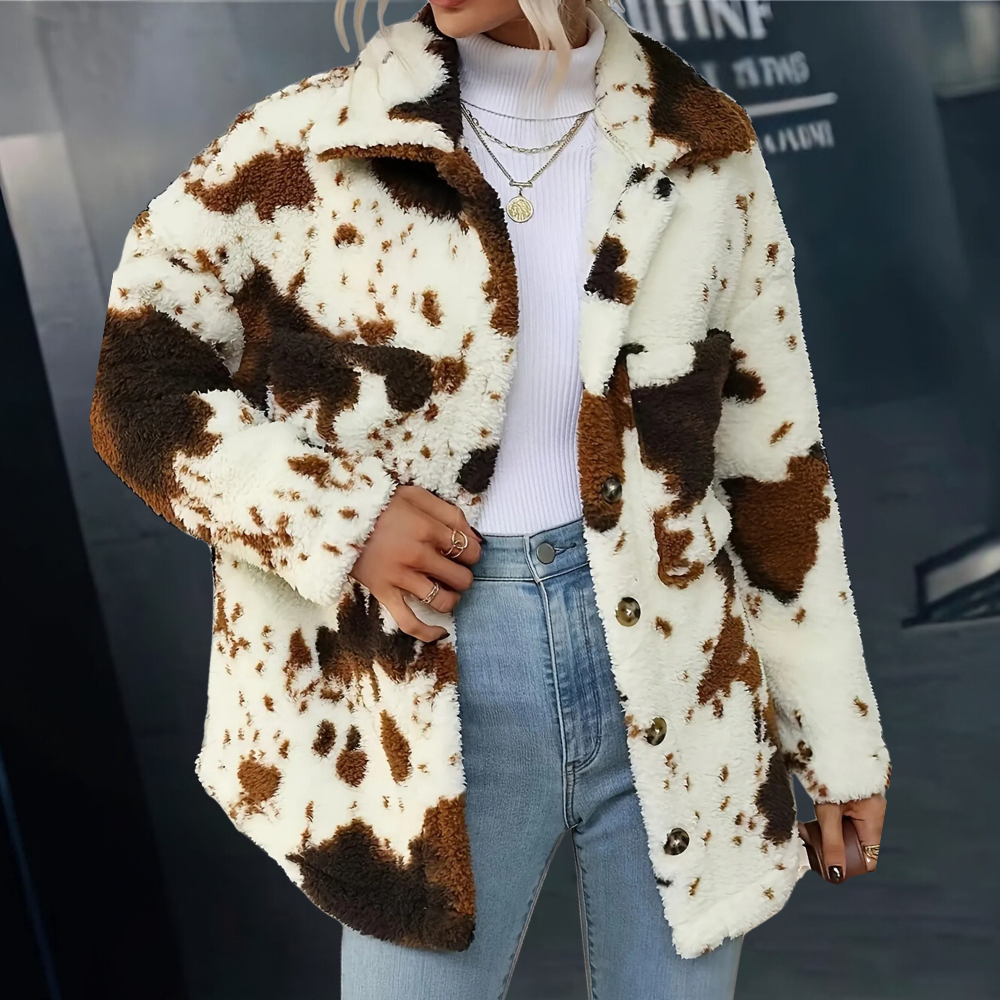 Street-Wave Plush Winter Jacket for Women Cozy Warmth Faux Fur Cow Print Jacket With Soft Texture
