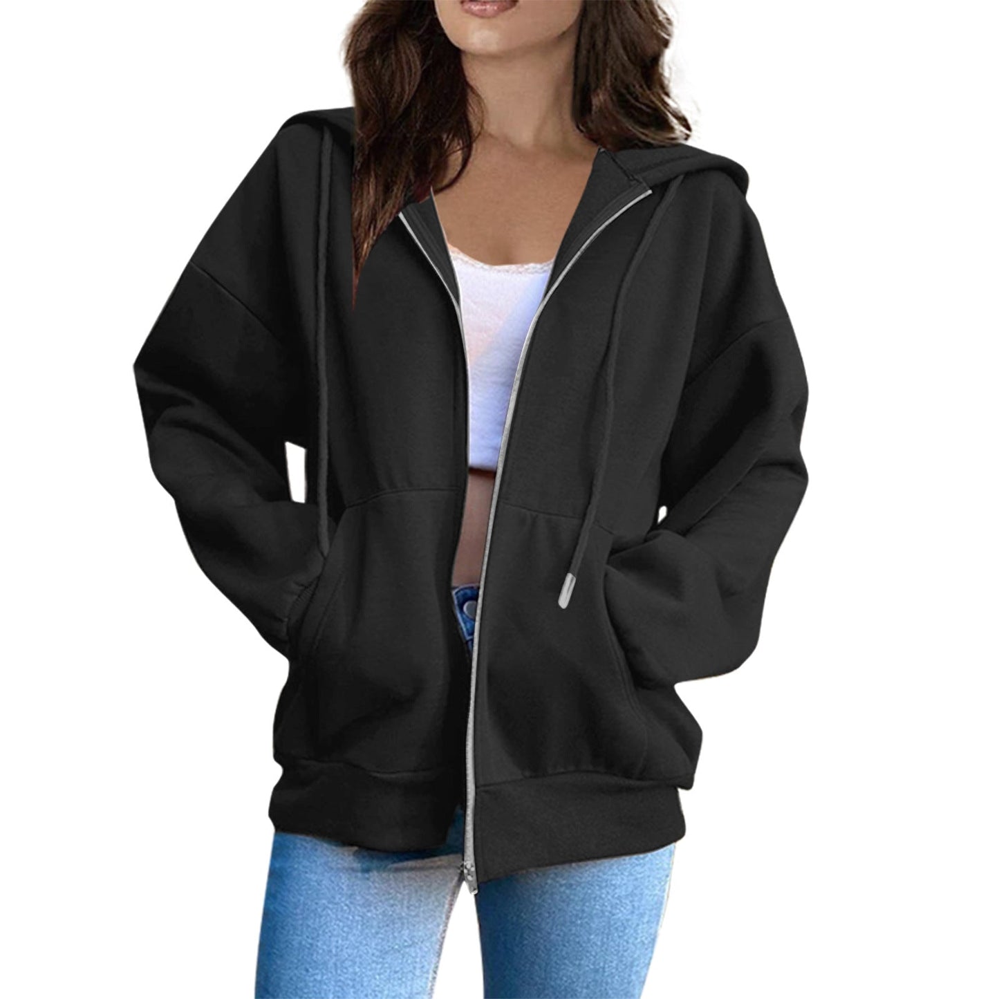 Street-wave Oversized Zip Hoodie Jacket For Casual Streetwear Women Cozy Cotton Blend