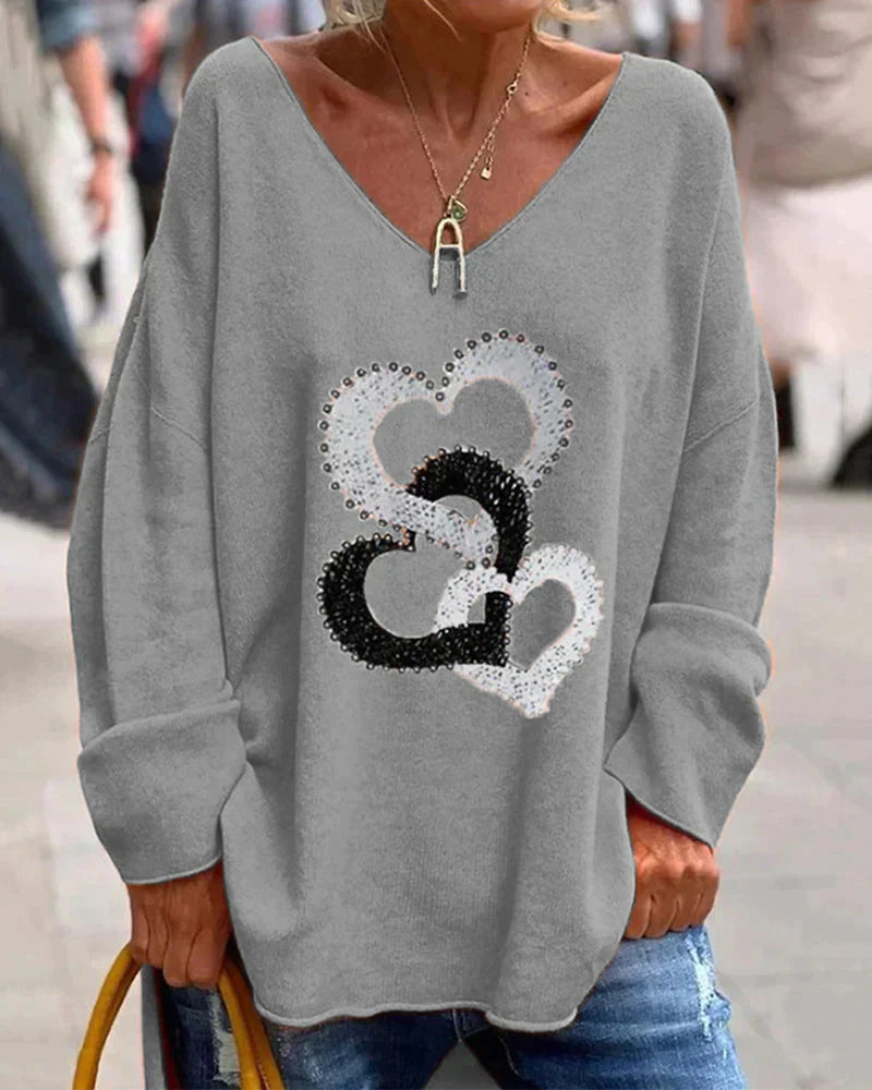Street-wave Cozy Oversized Pullover With Heart Graphic For Women Everyday Streetwear Essential