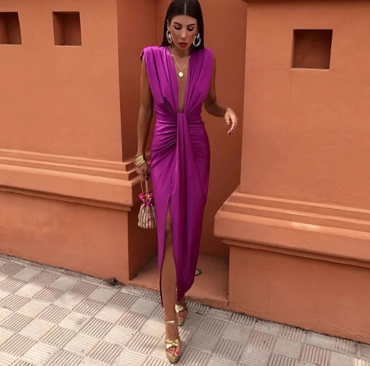 Women's Pleated Midi Dress with Soft Fabric and Flowy Design