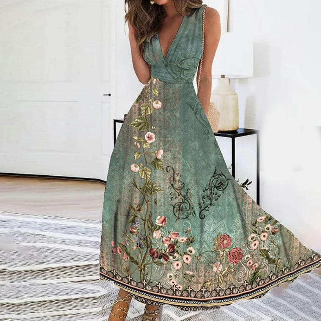 Ivy Women’s Sleeveless V Neck Maxi Dress Street Wave Floral Blue Formal