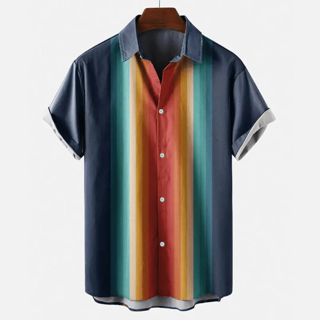 Pierre-André Retro Linen Button-Down Shirt in Rainbow Chevron Stripes Hand Dyed for a Vintage Look