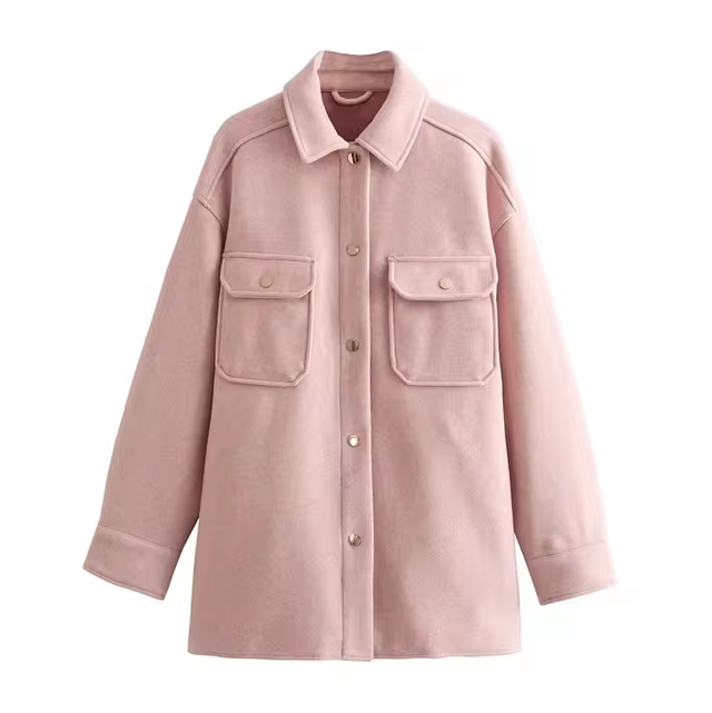 Street Wave Wool Shirt Jacket Women Cozy Elegant Two Front Pockets One Row Design
