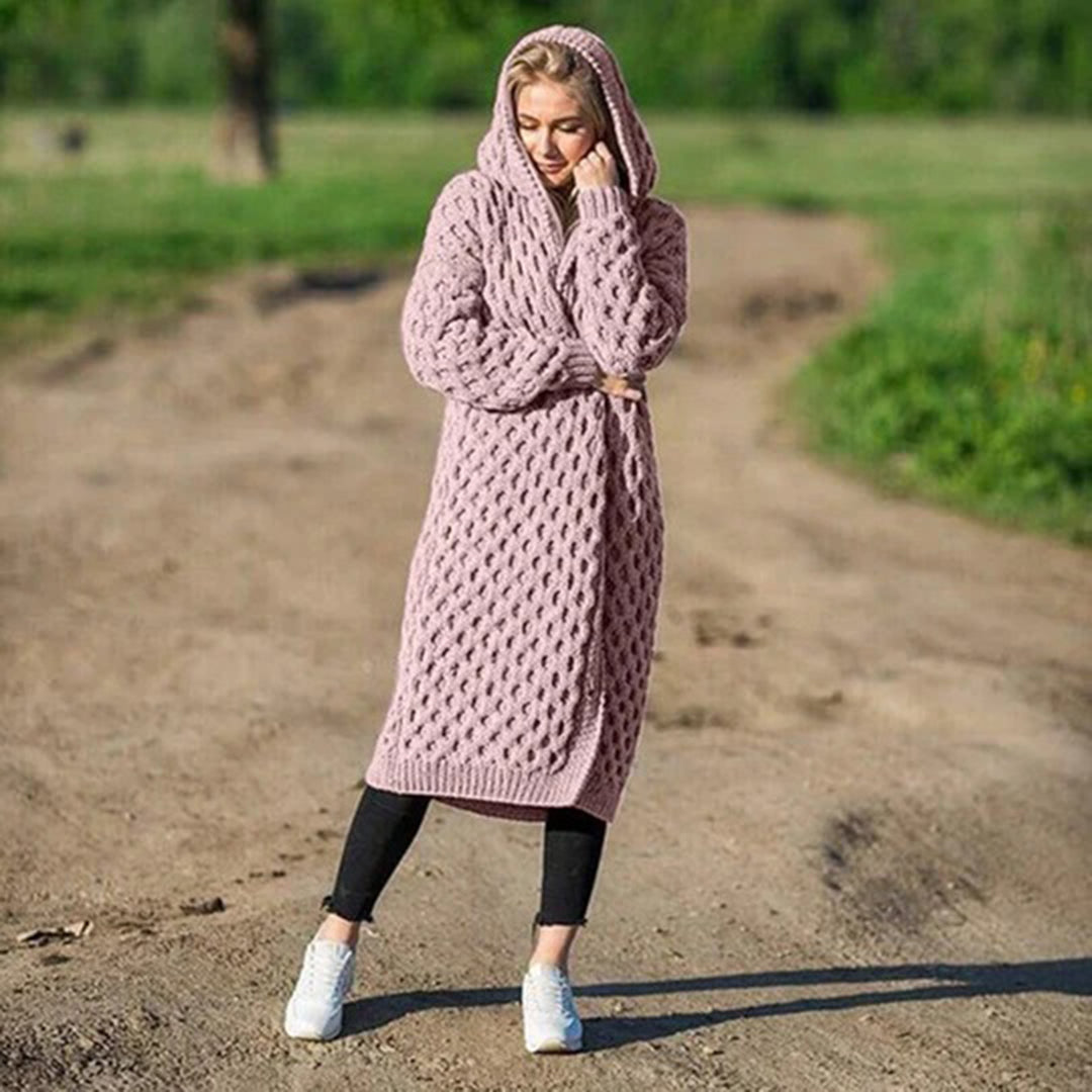 Street-wave Cozy Hooded Knit Cardigan For Women With Thick Textured Knit And Long Warm Fit