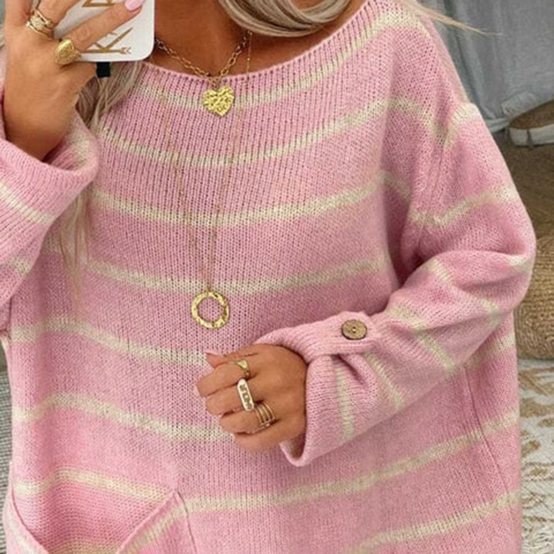 Street-wave Striped Pullover For Women, Cozy Round Neck Knit Sweater With Long Sleeves