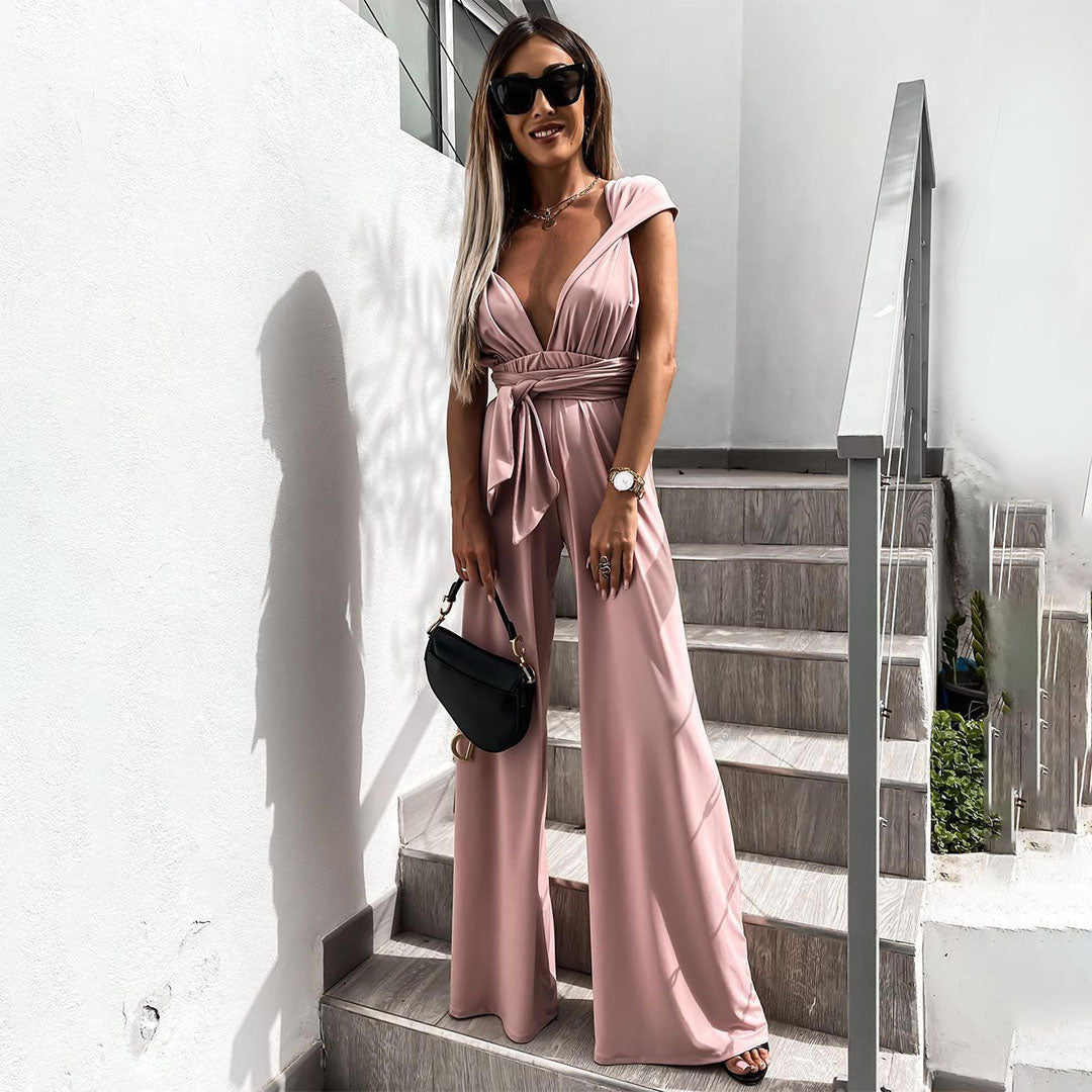 Street Wave Womens Jumpsuit Sleeveless Deep V Waist Tie Wide Leg All Day Comfort
