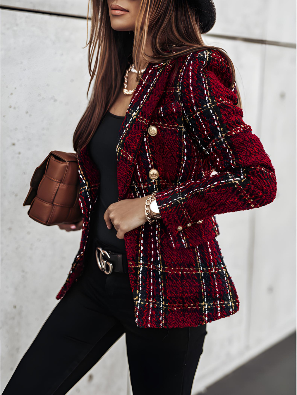 Street-Wave Button Front Longline Plaid Coat For Women Timeless Versatile With Pockets