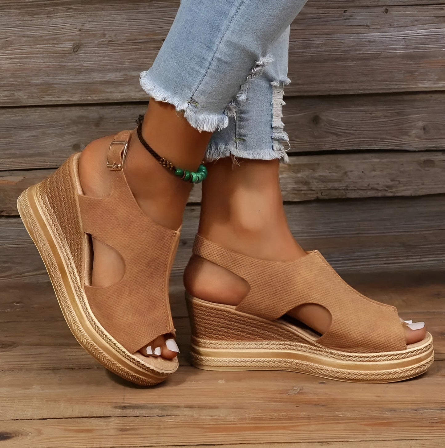 Street-Wave Women Orthopedic Footbed Sandals With Wedge Heel Peep Toe And Ankle Strap For All Day Comfort