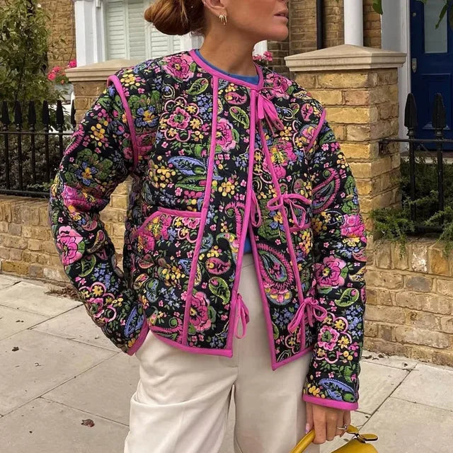 Street-Wave Quilted Floral Vest For Women With Warm Padded Lining And Bright Colorful Blooms