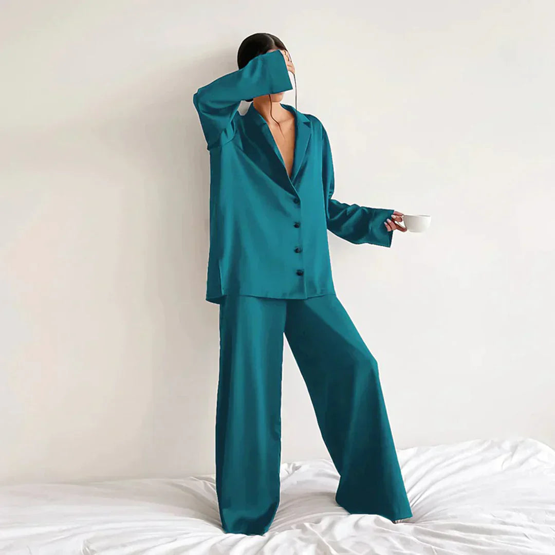 Street Wave Satin Pajama Set Women Wide Leg Pants Luxurious Comfort And Elegant Loungewear