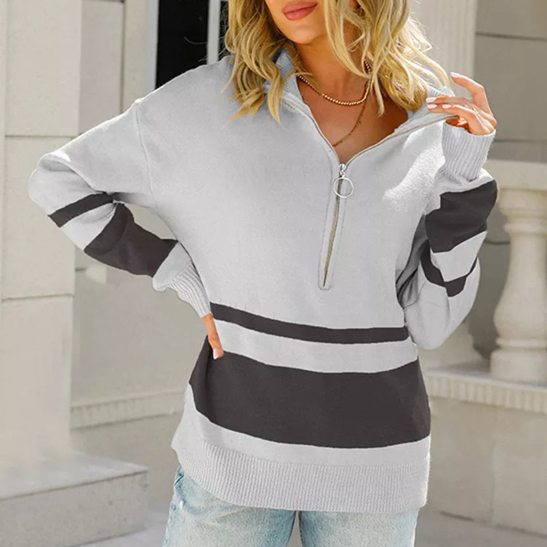 Street-wave Zip Knit Jacket With Contrast Stripes Cotton Blend For Women Stylish And Comfortable Everyday Wear
