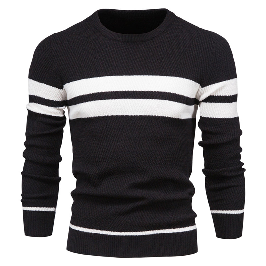 Mens Slim Fit Knit Sweater With Ribbed Texture And Subtle White Stripe Detail Crew Neck