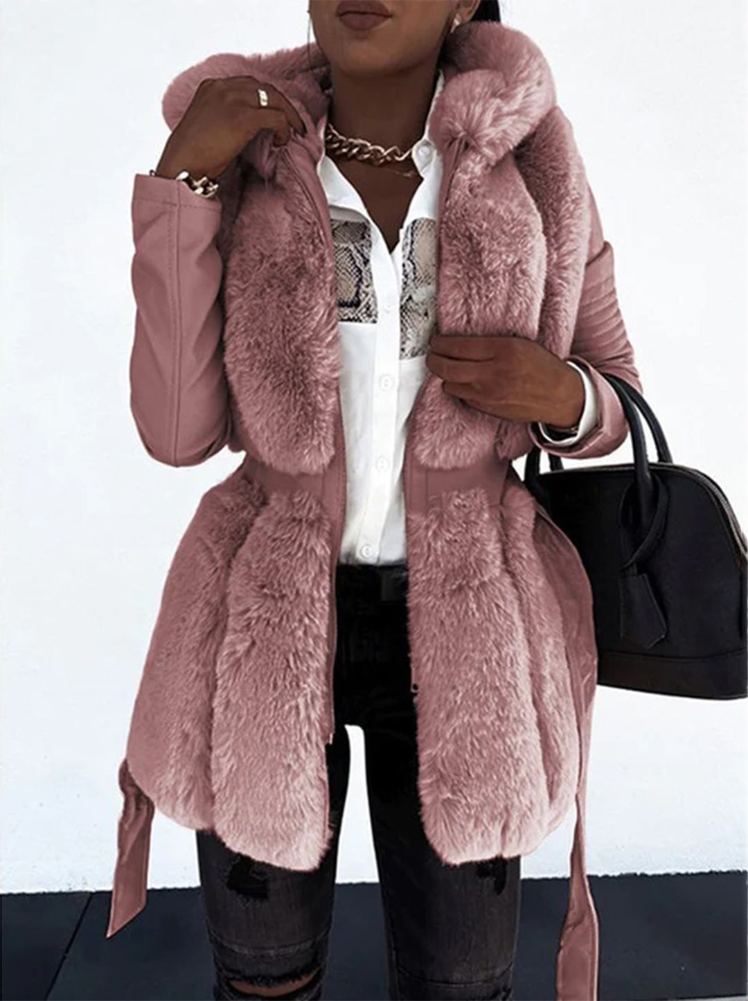 Street-wave Black Vegan Leather Jacket With Faux Fur Collar For Women Belted Warmth And Style
