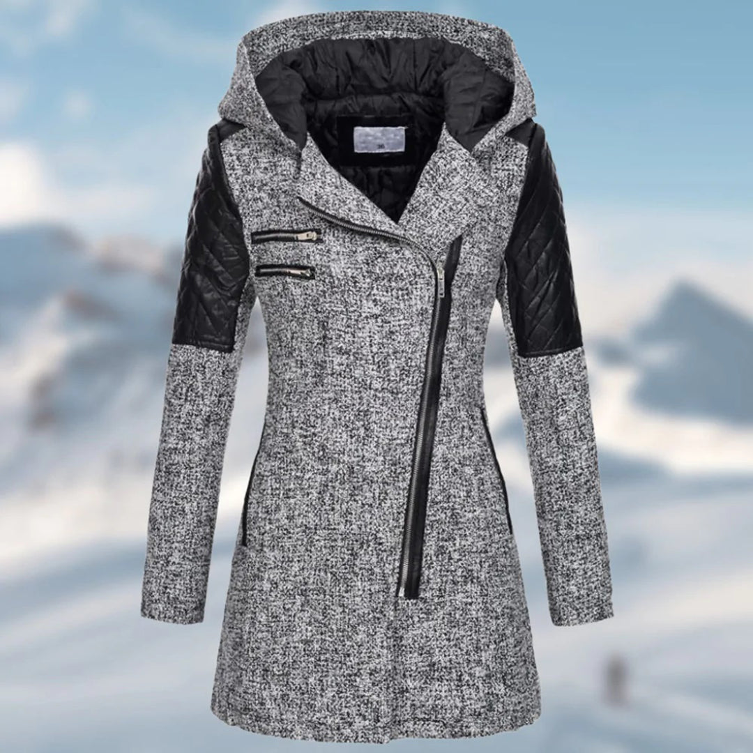 Street-wave Women's Asymmetrical Zipper Hooded Wool Jacket For Urban Fashion And All Day Warmth