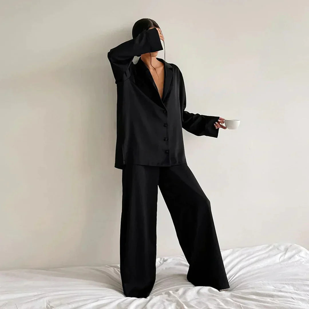 Street Wave Satin Pajama Set Women Wide Leg Pants Luxurious Comfort And Elegant Loungewear